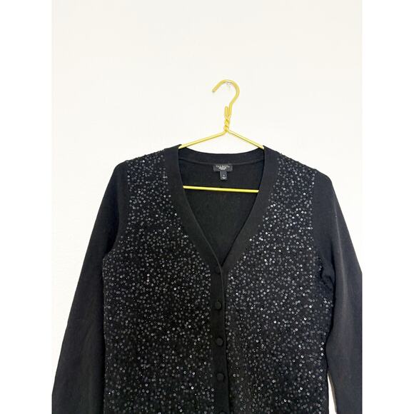 NWOT Talbots Sequined Rib knit Trim Cardigan Size Small Black Wool Blend Preppy - Picture 4 of 11
